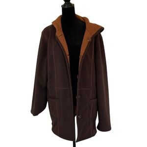 Susan Graver Womens Reversable Fleece Weekend Chore Coat Hooded Brown Orange S L